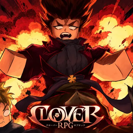 Clover RPG Roblox icon: magic knight, crimson burst, and the clover wordmark