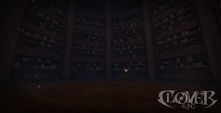 Clover RPG Roblox store thumbnail: moonlit gothic library with the chrome wordmark